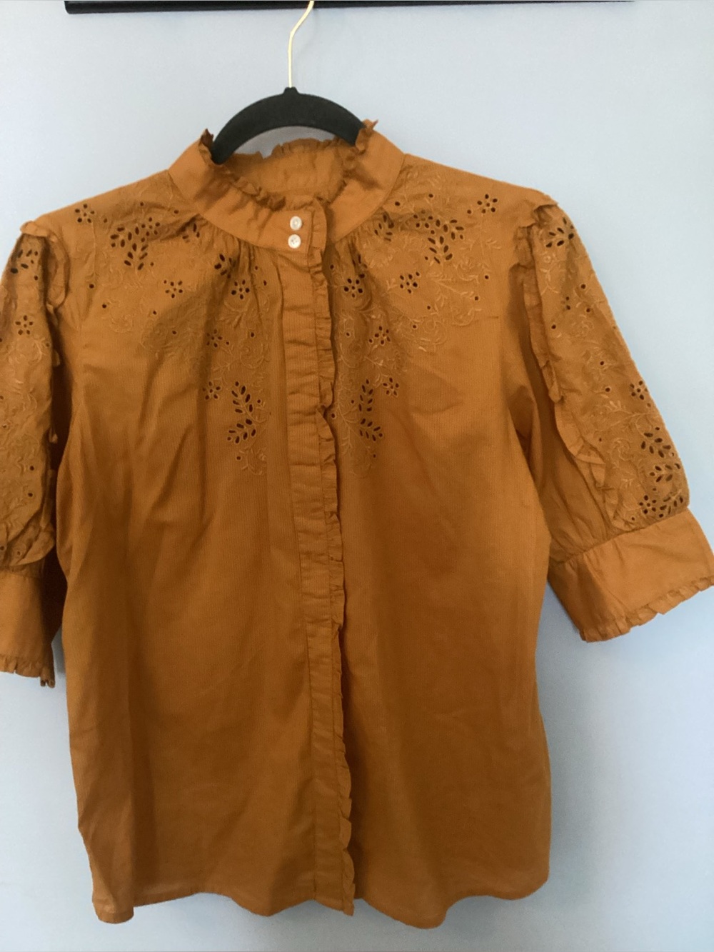 J. Crew Mustard Eyelet Ruffle Front Blouse